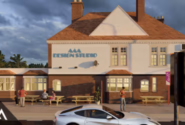 Street view of AAA Design Studio building with outdoor seating and people near a white car parked in front.