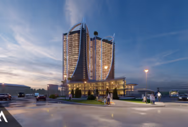 Modern high-rise building with curved glass facades illuminated at dusk, surrounded by parked cars and pedestrians.