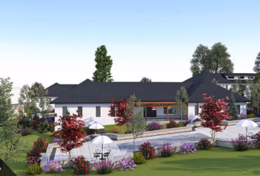 Modern single-story house with dark roof surrounded by garden with red-leaved trees, flower beds, and patio umbrellas.