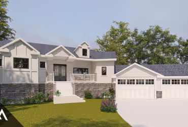 Modern single-story house with light-colored siding, stone accents, front porch, and attached three-car garage.