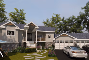 Modern single-story house with stone foundation, front porch, and attached garage with two cars parked outside.