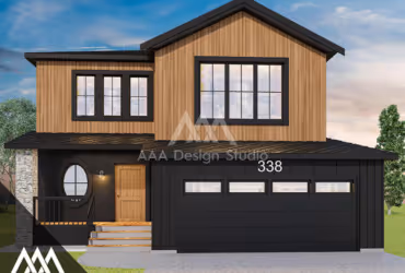 Two-story modern house with wood panel siding, black trim, and a black garage door numbered 338.