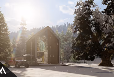 Modern wooden cabin with large glass windows surrounded by a snowy forest under a bright sky.