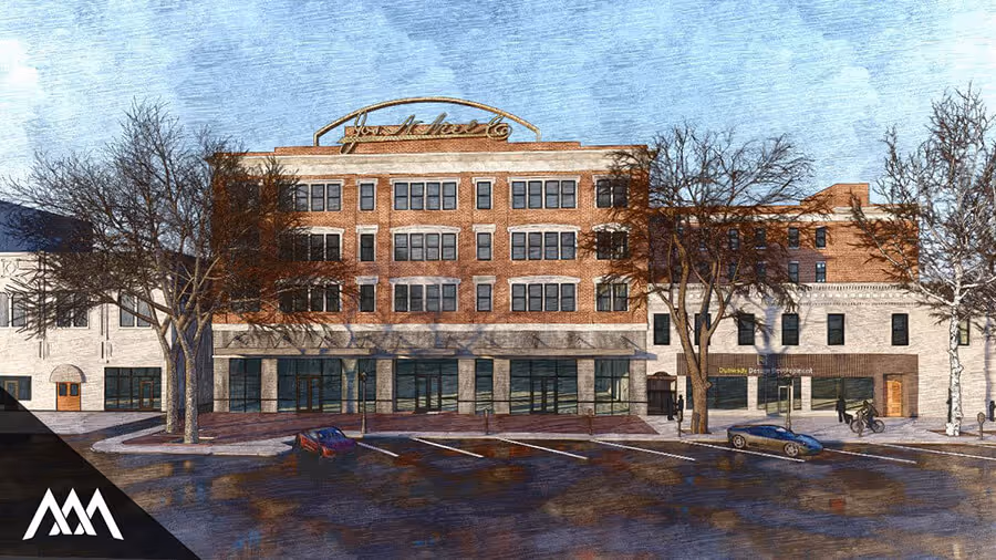 Illustration of a four-story brick and stone building with large windows, trees without leaves, parked cars, and a partly cloudy sky.