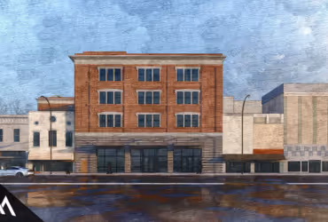 Digital painting of a four-story brick building with large windows on a street lined with adjacent commercial buildings under a cloudy sky.