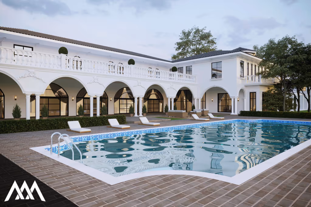 Modern white two-story villa with arched columns and a large swimming pool surrounded by lounge chairs and greenery.