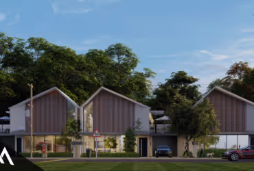 Modern row of three houses with pitched roofs, front gardens, and parked cars under a clear blue sky.