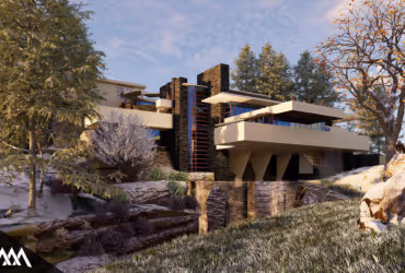 Modern multi-level house with large windows, stone walls, and surrounded by trees and greenery under a partly cloudy sky.
