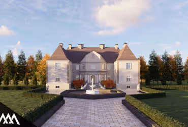 Large elegant mansion with a symmetrical facade, surrounded by manicured gardens and trees under a partly cloudy sky.