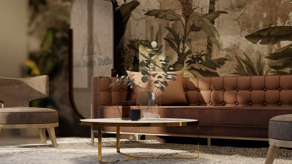 Modern living room with brown tufted sofa, round white coffee table with decorative plants, and a beige armchair.