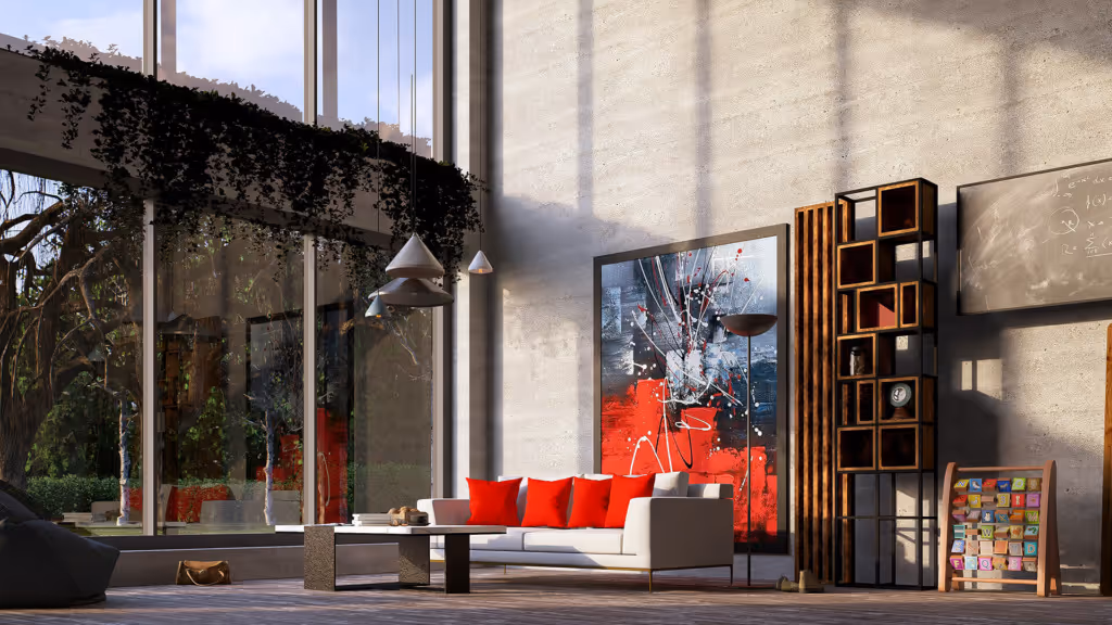 Modern living room with large floor-to-ceiling windows, white sofa with red cushions, abstract painting, and indoor greenery.