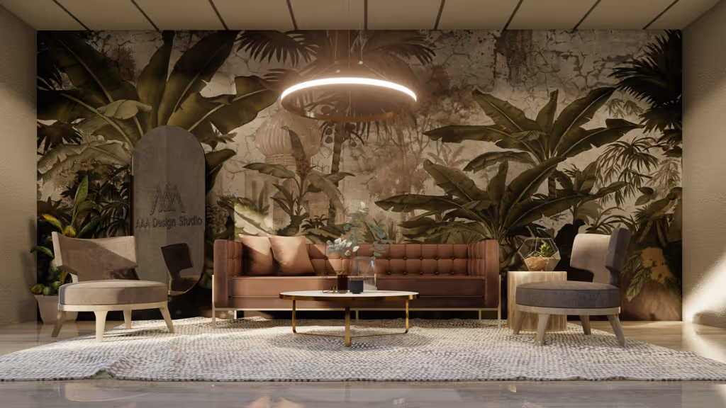 Modern living room with brown sofa and chairs, round coffee table, large tropical leaf mural, and circular ceiling light.