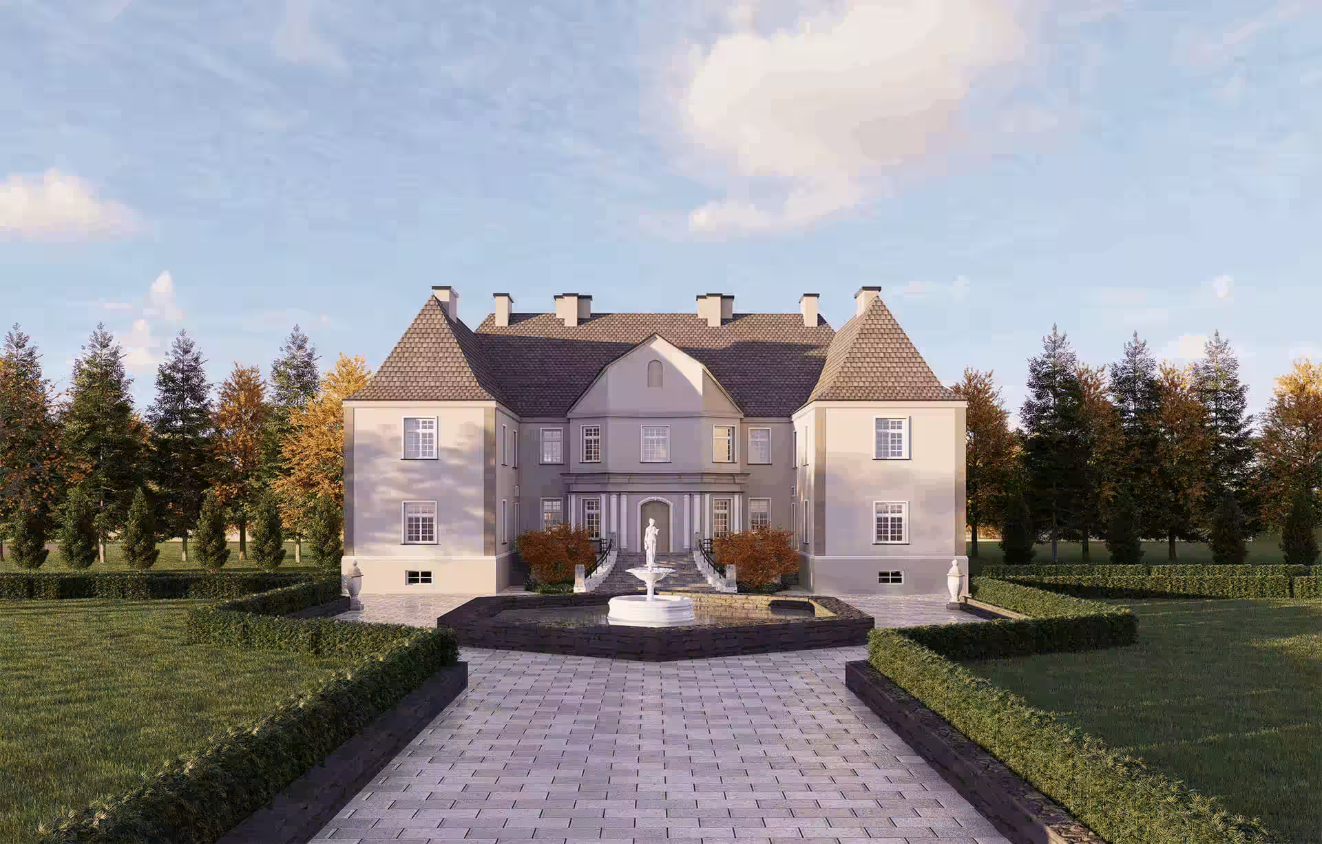 Large beige mansion with a tiled roof, central fountain, and symmetrical hedges under a partly cloudy sky.