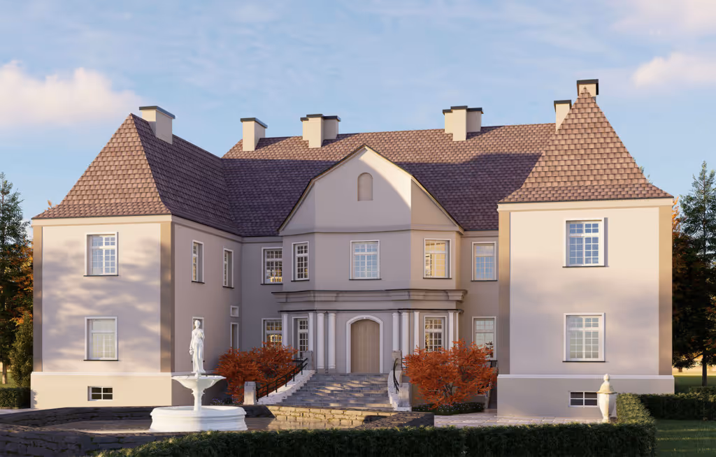 Large two-story beige mansion with brown tiled steep roof, symmetrical windows, stone steps, and a white statue fountain in front.