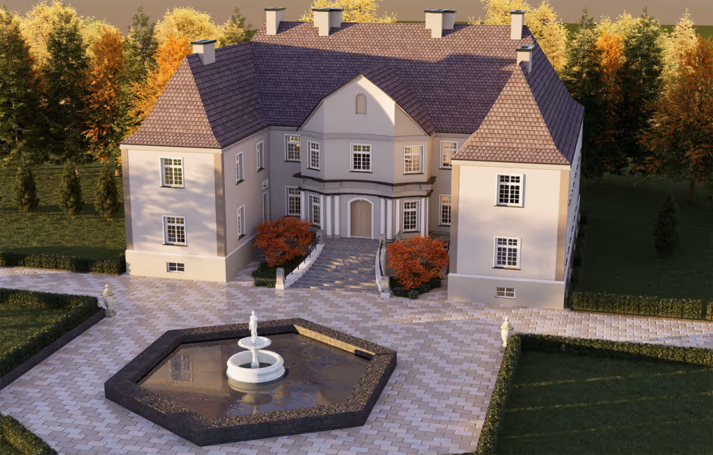 Large beige mansion with multiple chimneys and a brown tiled roof, surrounded by autumn trees and a paved courtyard featuring an octagonal water fountain.