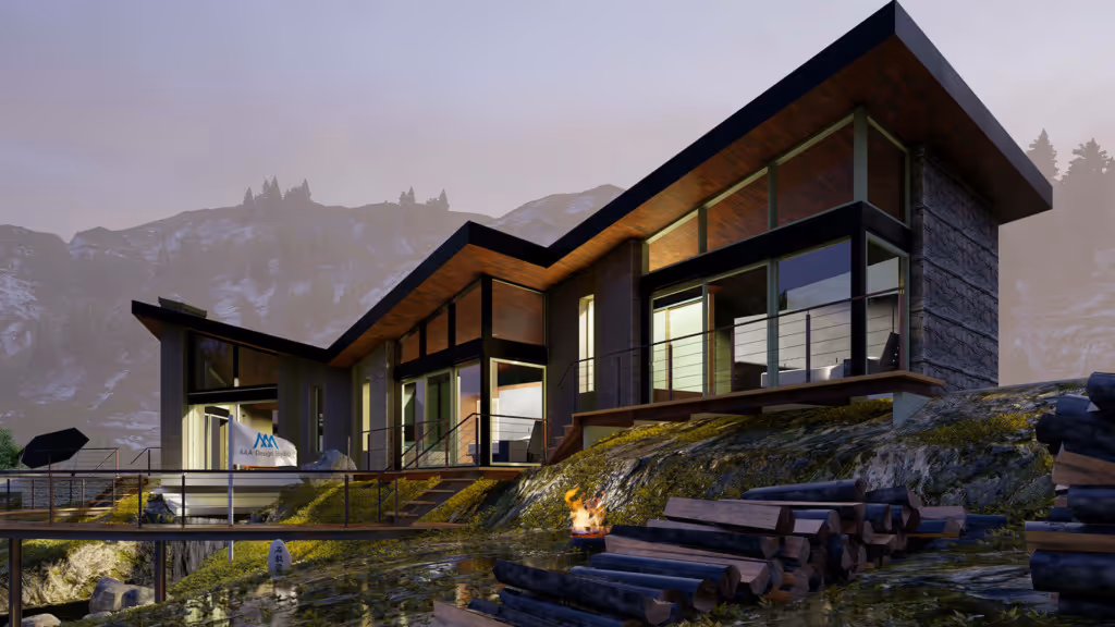 Modern house with large glass windows situated on a rocky hill with stacked firewood and a small fire pit in front, mountainous landscape in the background at dusk.