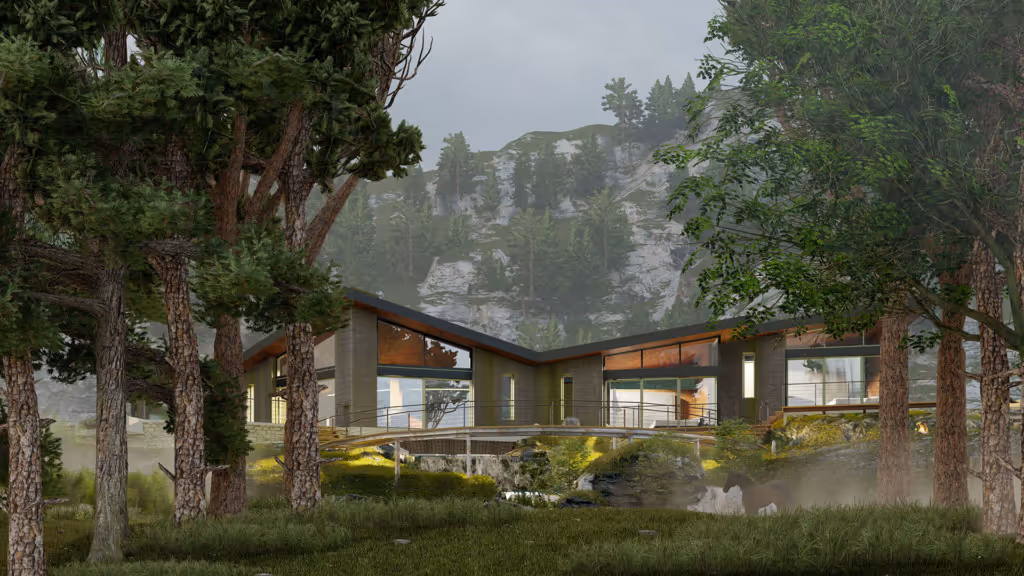 Modern house with large windows nestled among trees with a misty rocky hill in the background and a horse standing in the grassy area.