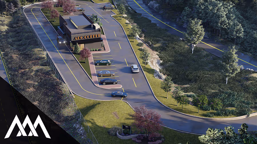 Aerial view of a coffee shop named AECCOFFEE with several parked cars and a winding road surrounded by greenery and trees.