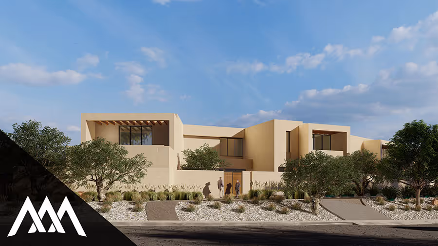 Modern beige multi-unit residential building with large windows, surrounded by trees and landscaping under a partly cloudy sky.