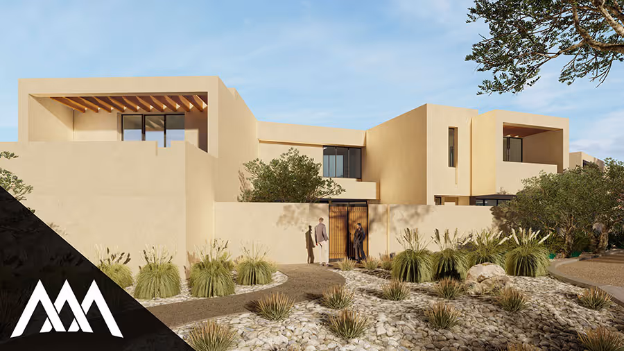 Modern beige stucco home with large windows, balconies, and a landscaped front yard with rocks and desert plants under a blue sky.