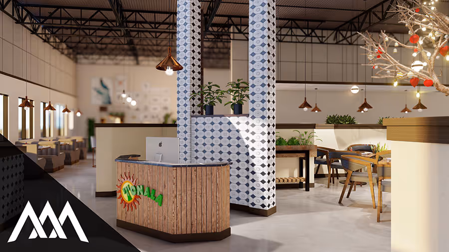 Modern café interior with wooden reception desk labeled 'TONALA', patterned tile columns, wooden tables and chairs, and hanging light fixtures.