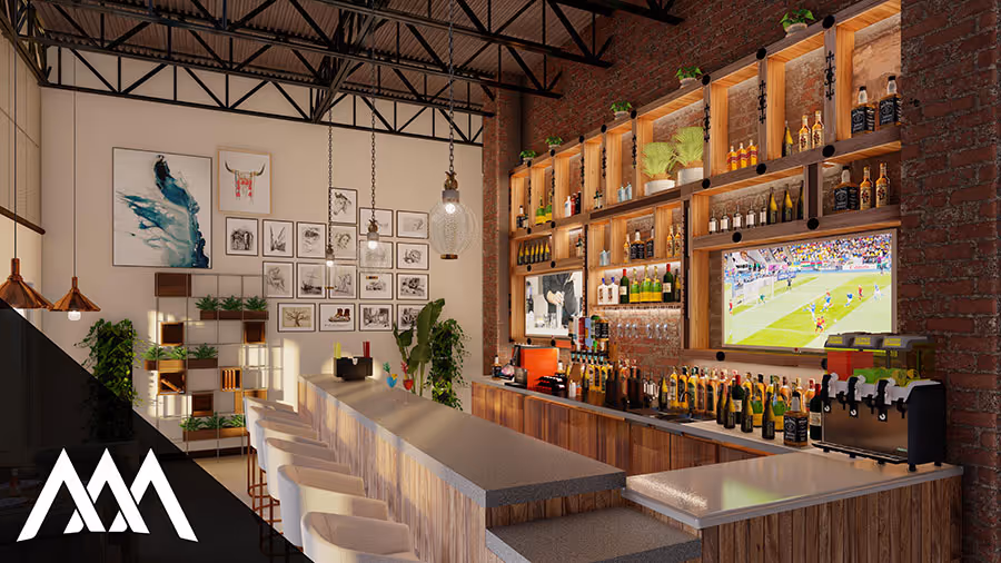 Modern bar interior with wooden shelves stocked with liquor bottles, two TVs showing sports, and white bar stools along a long counter.