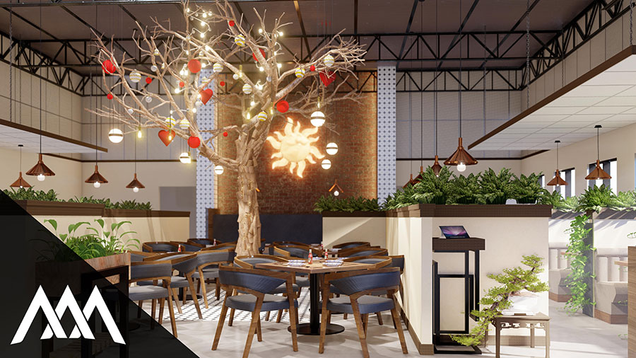 Modern restaurant interior with a decorative tree adorned with lights and ornaments, wooden tables and chairs, and pendant lighting.