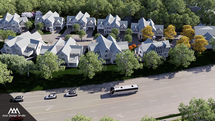 Aerial view of a suburban neighborhood with rows of houses, trees, and cars driving on a wide road in front.