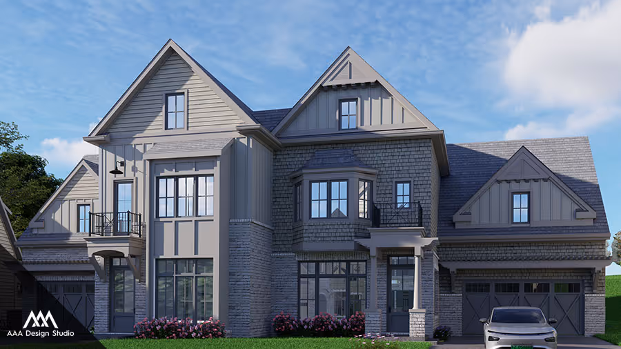 Modern two-story house with mixed stone and siding exterior, multiple gables, balconies, and a car parked in front of the garage.