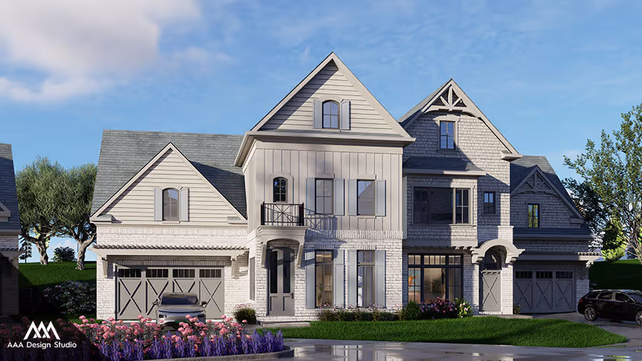 Modern two-story house with gray siding, multiple gables, large windows, and a front garden with flowering plants under a blue sky.