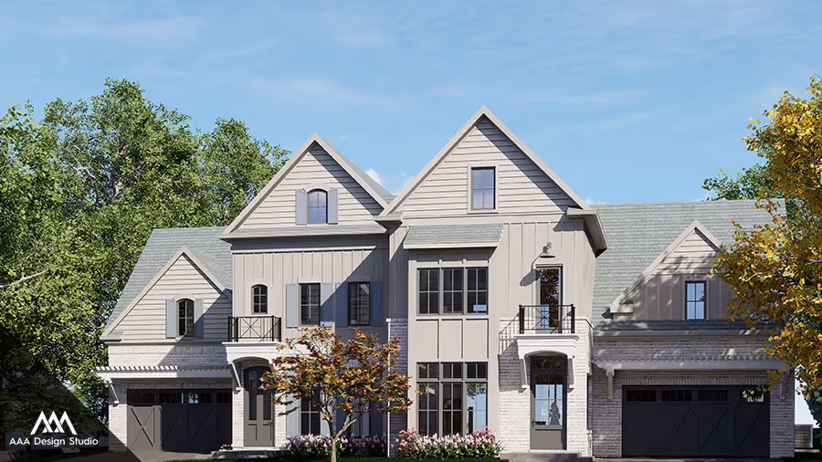 Modern two-story house with light beige siding, multiple gabled roofs, two black garage doors, balconies, and surrounded by green trees and shrubs.