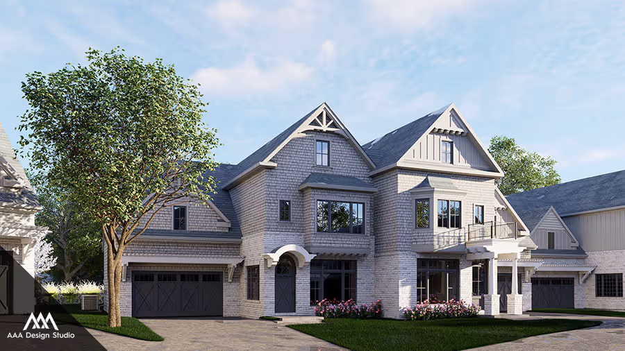 Large two-story house with gray shingle siding, multiple gabled roofs, dark garage doors, and a front porch surrounded by green lawn and trees.