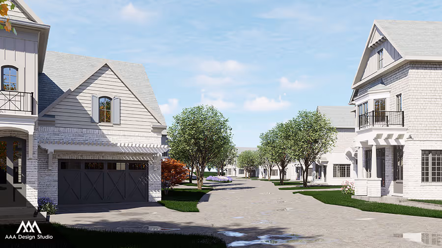 Residential street with modern two-story white houses, green trees, and a clear blue sky.