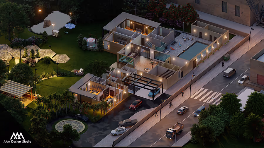 Aerial night view of a modern residential property with indoor lighting, a swimming pool, patio, garden with umbrellas, and surrounding street with cars.
