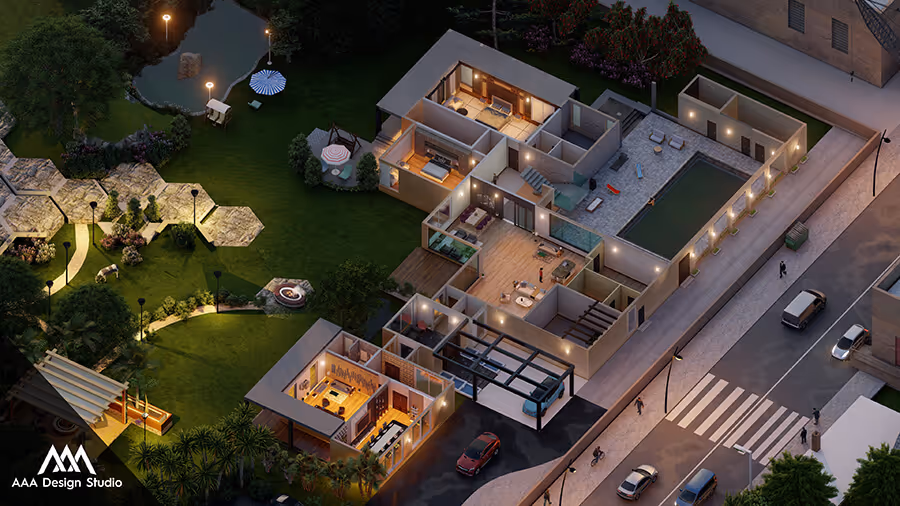 3D architectural rendering of a modern residential building with illuminated interior, surrounding garden, swimming pool, and adjacent street with cars and pedestrians at dusk.