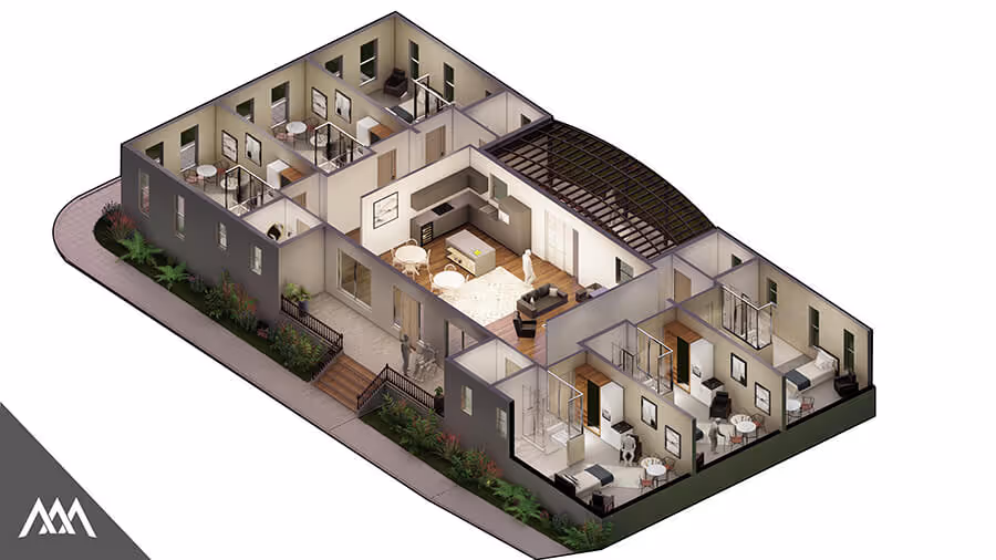 3D architectural floor plan of a single-story building featuring a central living area, kitchen, multiple bedrooms with bathrooms, and outdoor landscaping.