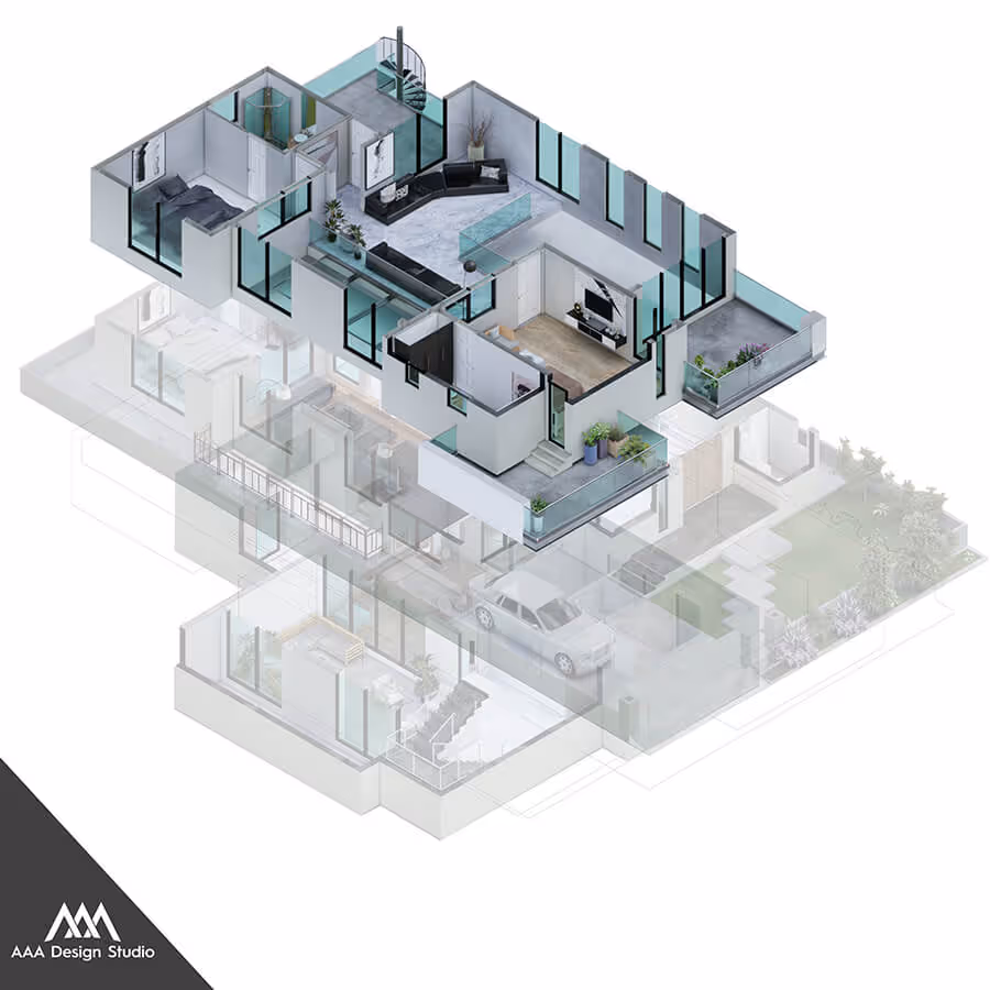 3D architectural rendering showing the first floor layout of a modern home with living area, bedroom, bathrooms, balconies, and spiral staircase.