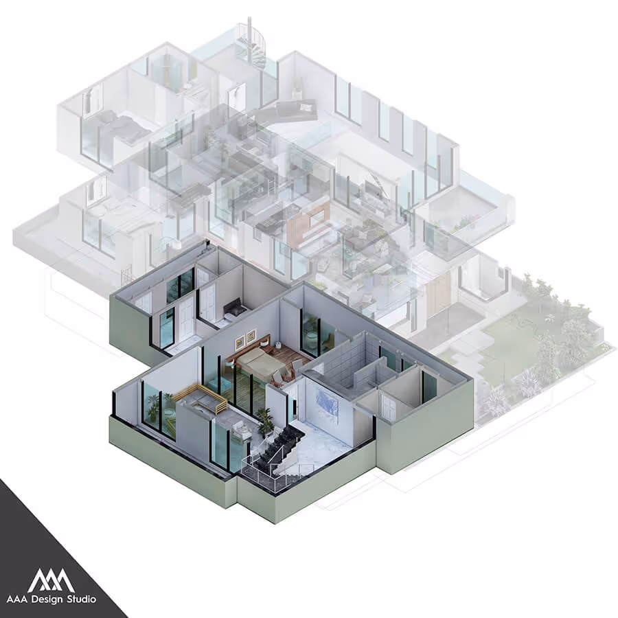 3D floor plan rendering of a basement level showing a bedroom, bathroom, stairway, and lounge area with large windows.