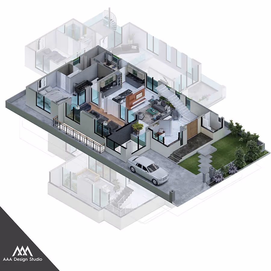 3D floor plan of a ground floor showing a living room with staircase, kitchen, two bedrooms, a bathroom, garage with car, and garden area.