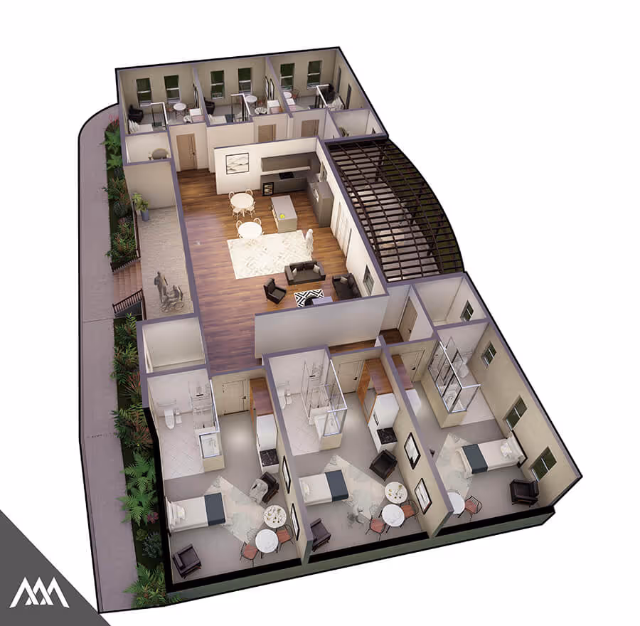 3D floor plan showing a shared apartment with three bedrooms, each with a bed, chair, small table, and private bathroom; a common living area with couches and dining table; and a kitchen with island and appliances.