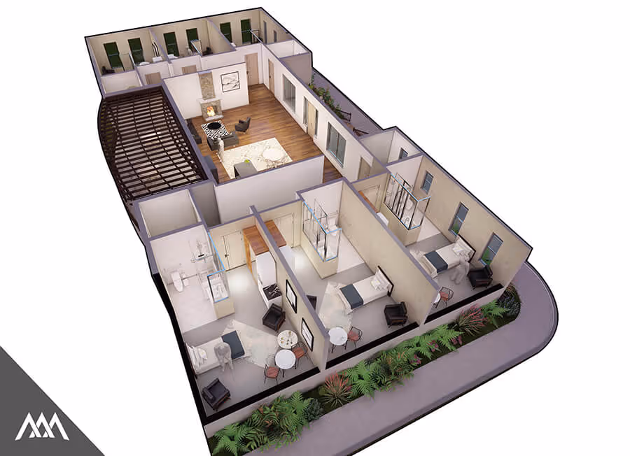 3D floor plan of a residential unit featuring three bedrooms with beds and chairs, two bathrooms with showers, a living room with fireplace and seating, and a balcony with plants along the walkway.