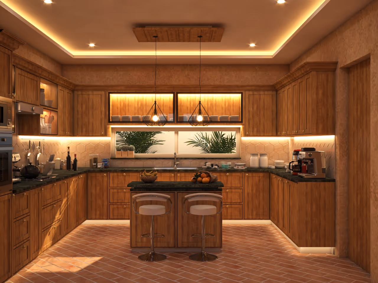 Modern kitchen with wooden cabinets, central island with two stools, green countertops, pendant lights, and potted plants visible through a window.