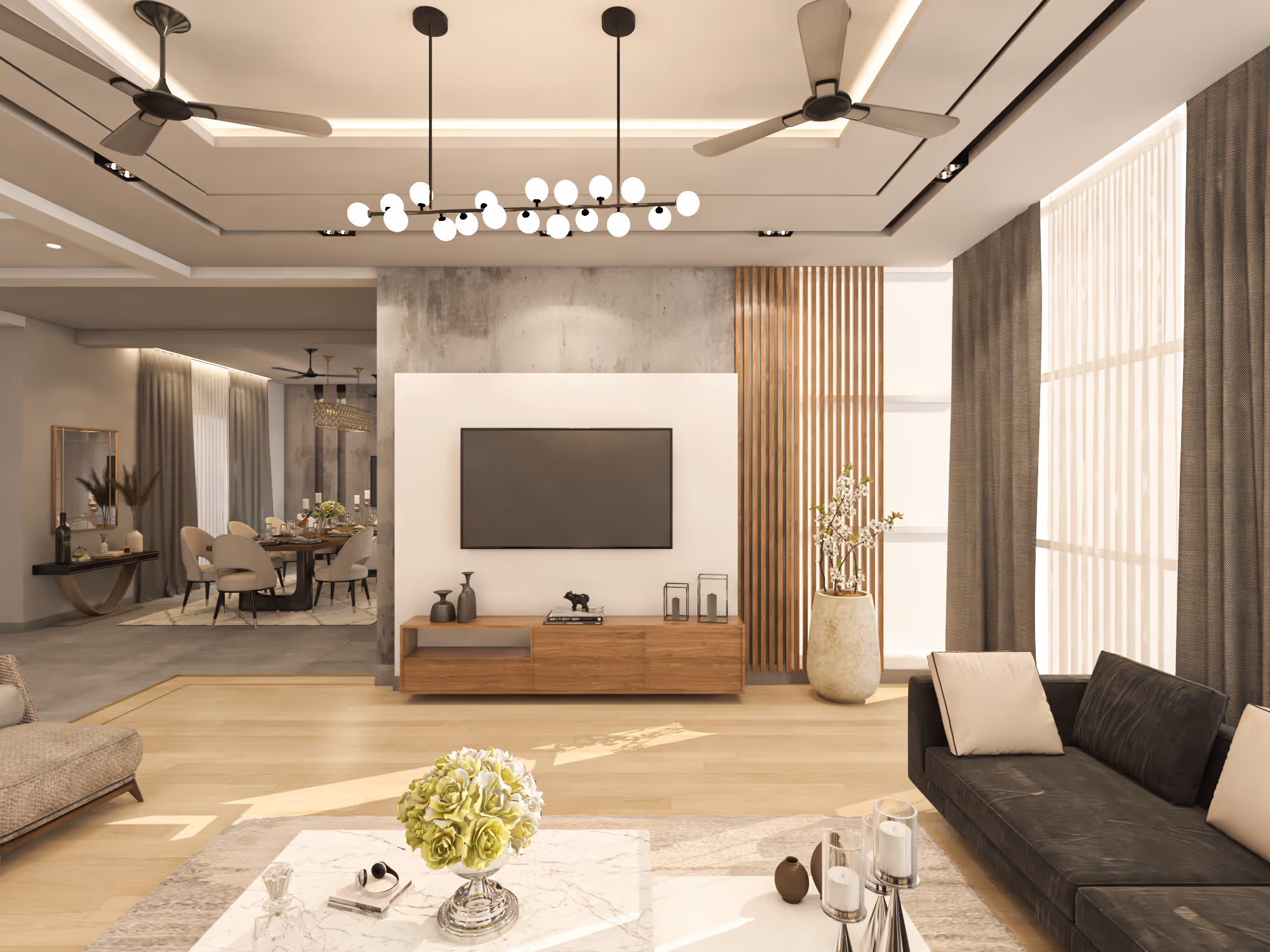 Modern living room with black leather sofa, marble coffee table with green flowers, wooden TV stand, and large windows with sheer curtains.