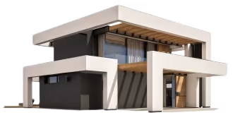 Modern two-story house with large windows, white and dark gray walls, and wooden accents under flat roof.
