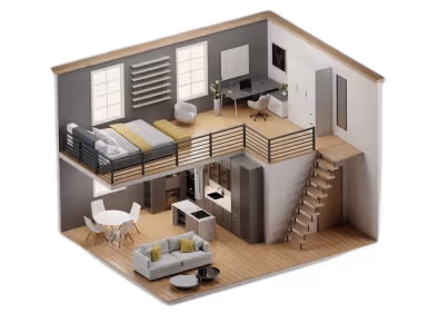 3D isometric view of a two-level modern apartment with a living room, dining area, kitchen on the lower floor, and bedroom with workspace on the upper floor.