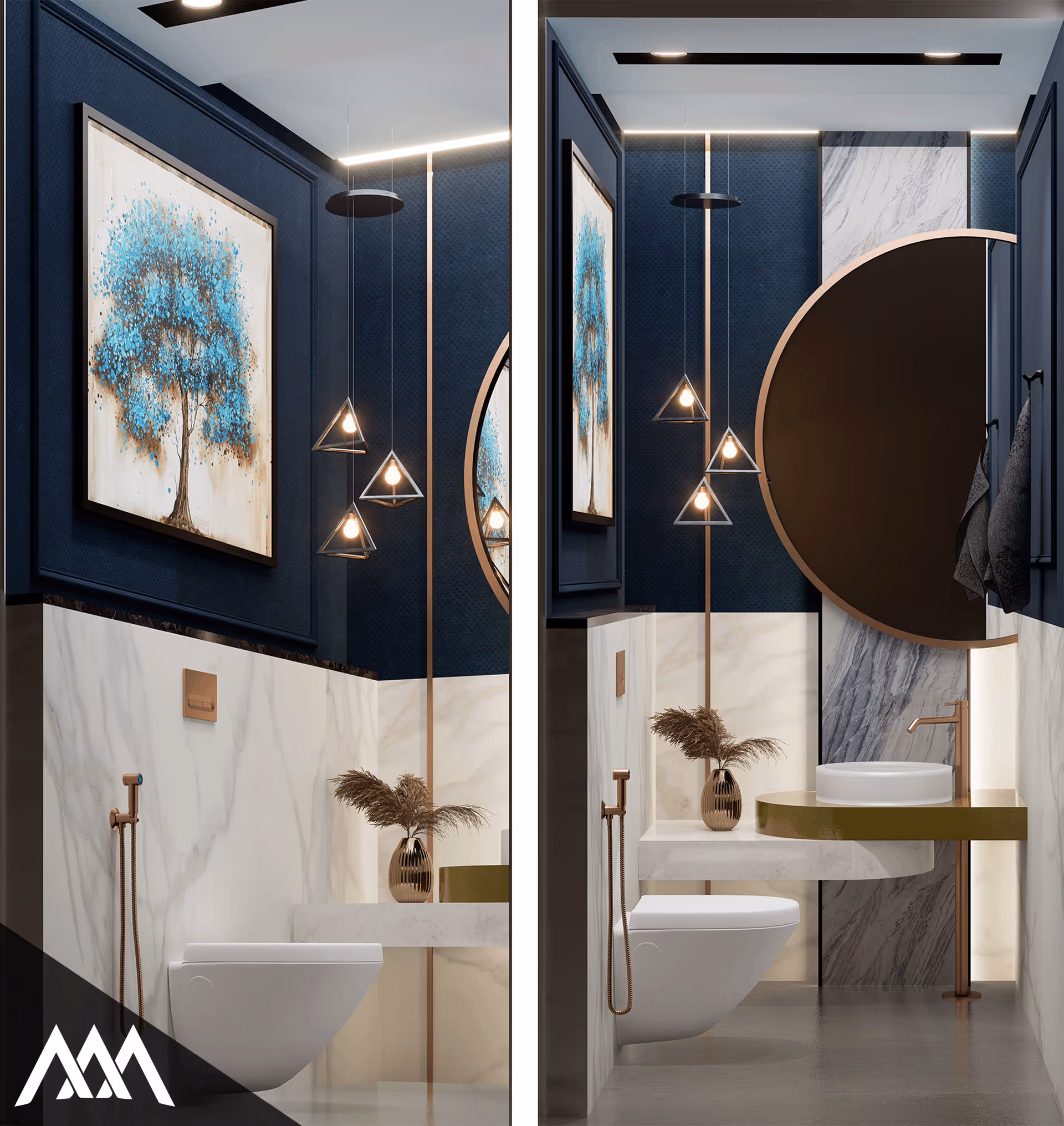 Modern bathroom with white wall-mounted toilet, gold fixtures, blue textured walls, round mirror, and abstract blue tree artwork.