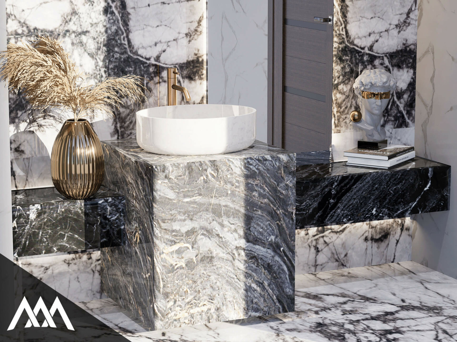 Modern bathroom with black and white marble surfaces, a round white vessel sink, a brass tap, dried pampas grass in a gold vase, and a sculpted bust with a gold band over the eyes placed on stacked books.