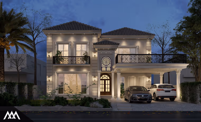 Illuminated two-story modern house at dusk with tiled roof, balconies, and a covered driveway holding two cars.