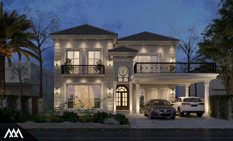 Illuminated two-story modern house at dusk with tiled roof, balconies, and a covered driveway holding two cars.
