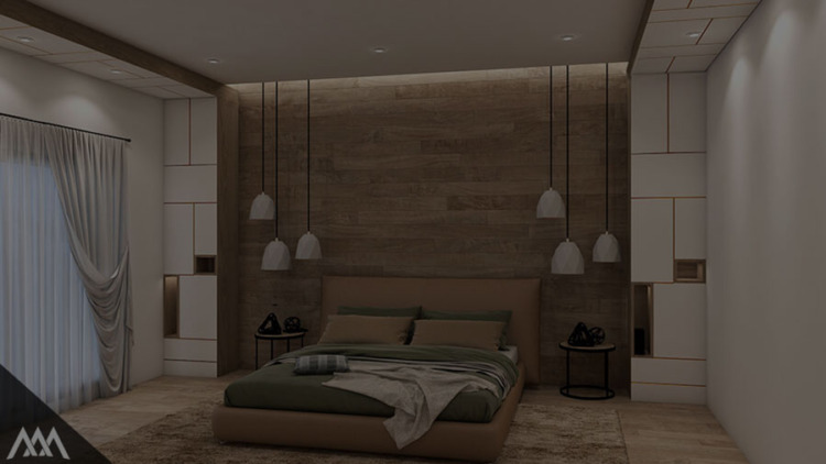 Modern bedroom featuring a brown upholstered bed with green and beige bedding, wooden accent wall, hanging pendant lights, and white built-in cabinetry with gold trim.
